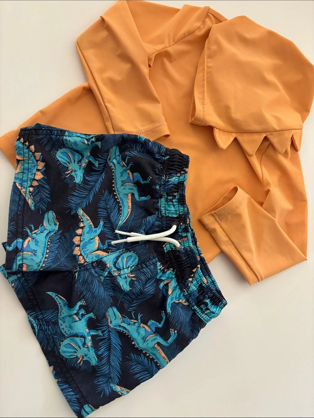 Carter's Boys Orange Rashguard Top with Navy Blue Dinosaur Swim Shorts